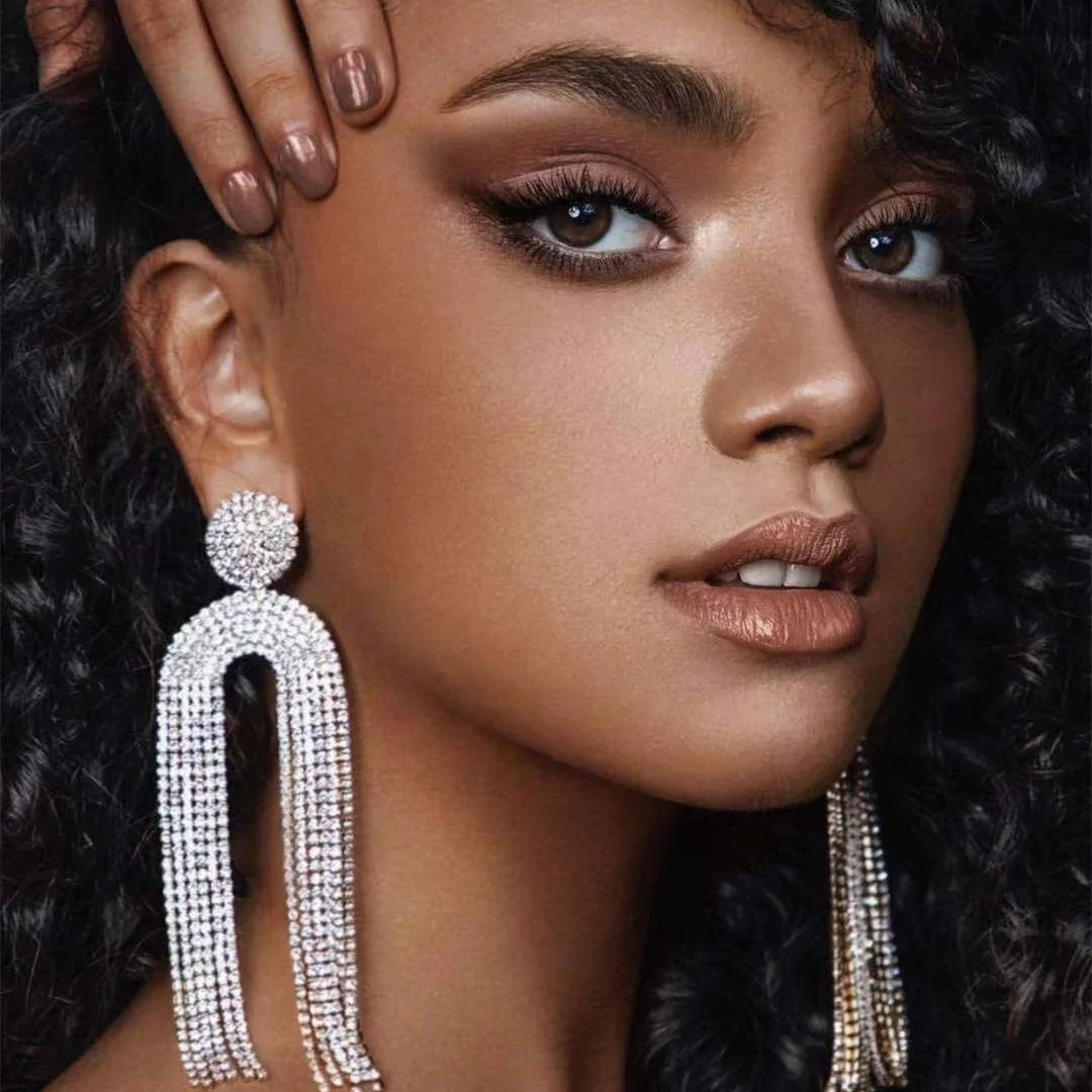 

Kaimei Stunning Bling Rhinestone Chain Dangle Earrings For Women Jewelry Large Long Big Crystal Diamond Statement Earrings, Many colors fyi