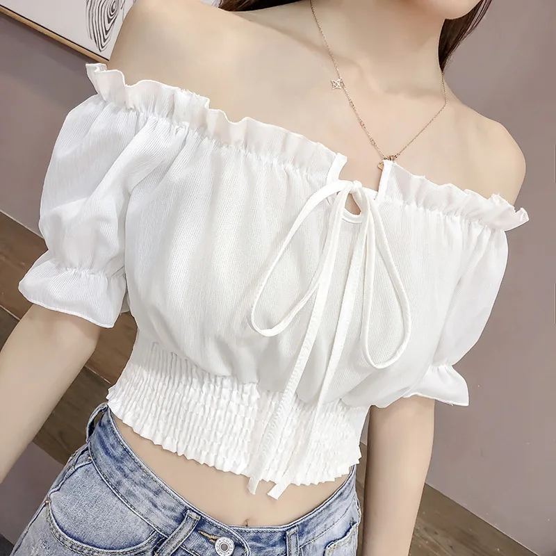 

French style women fashion printed puff sleeve chiffon elastic waist blouse tops, Picture showed