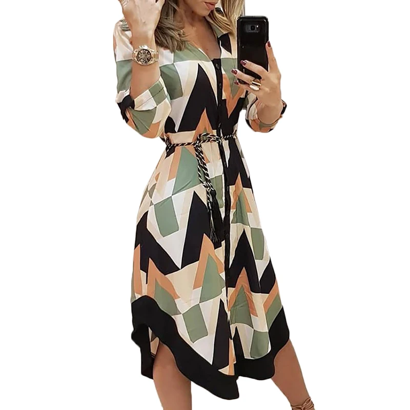 

New Arrival Women Clothes Multicolor Geometric Print Casual Shirt Dress Female