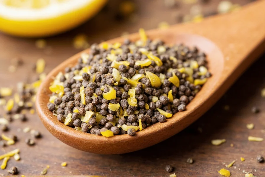 Close-up of lemon pepper seasoning blend showing yellow citrus zest and black pepper flakes on wooden spoon