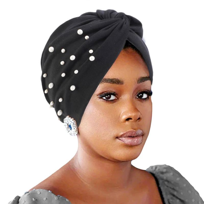 

Jewelry Style Turban Pearl Accessories Headwrap Solid Color Muslim Cap Hijab Scarf For Women