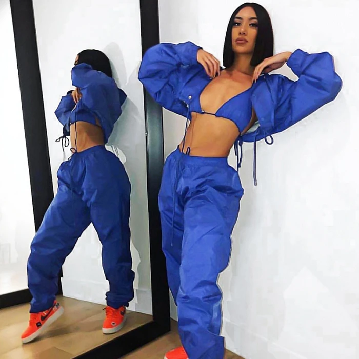 

Fall solid color jacket and trousers in two pieces cropped tracksuit 2 pieces set women