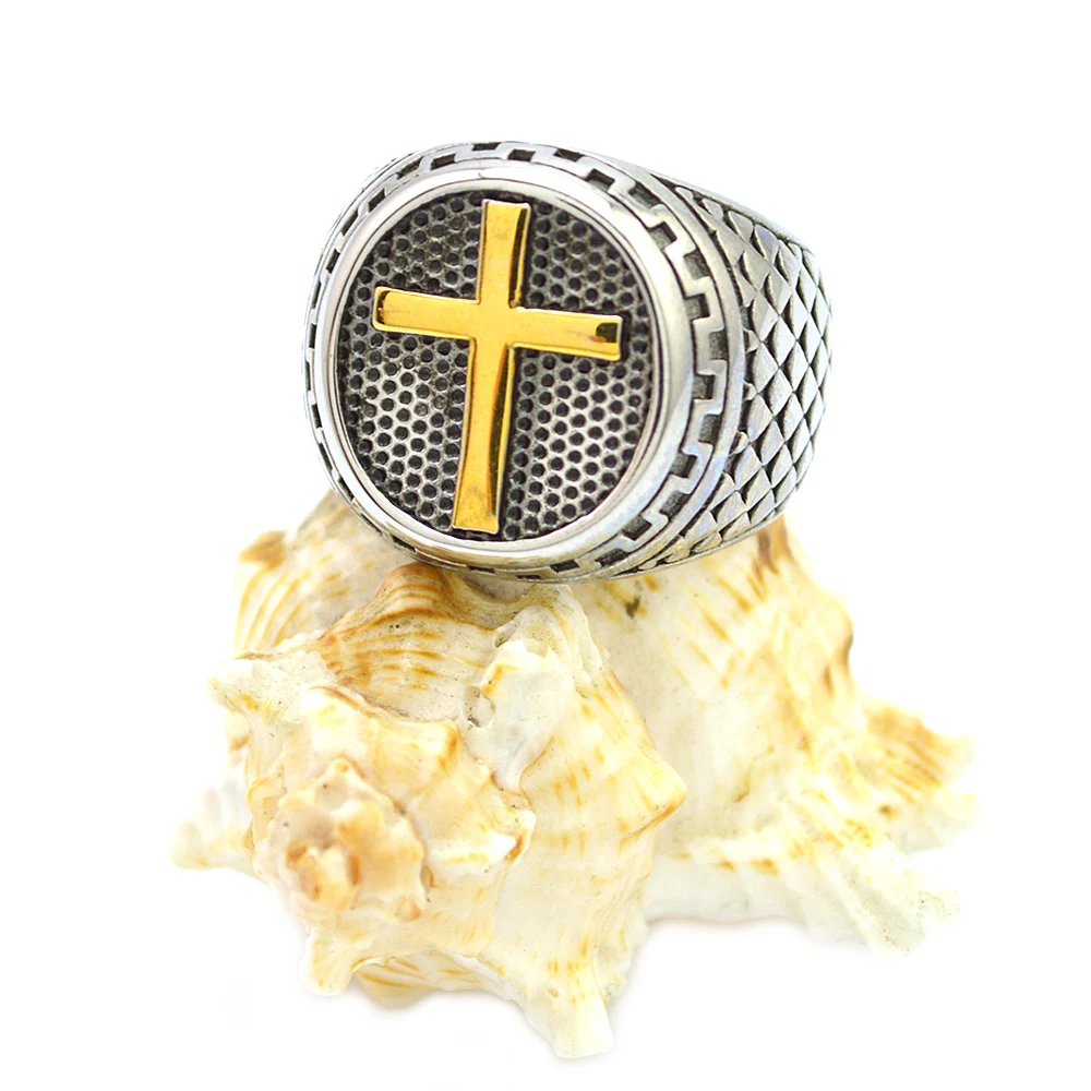 

Cross Religious Christian Jewelry Jesus Cross Ring Gold Wholesale Stainless Steel for Men High Quality Delicate Gold Color