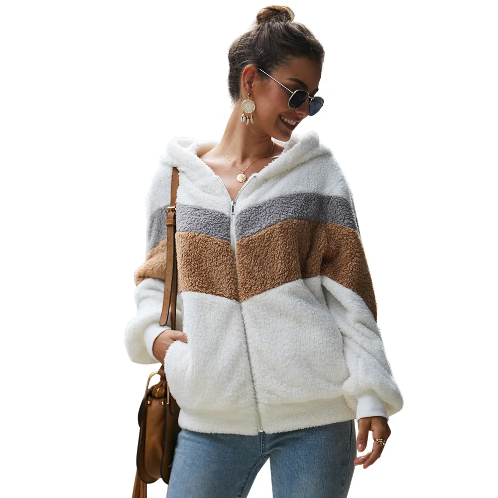 

New Fashion Winter Color Matching Faux Fur Wool Fleece Zipper Hoodied Coat For Women