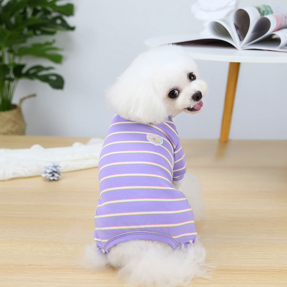 

Custom Wholesale Spring Pet Apparel Comfortable Dog Bottoming Shirt Cute Heart Stripe Dog Pajamas, 3 colors