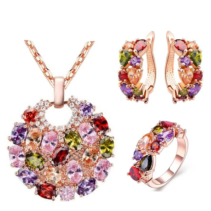 

Wedding Jewelry Colorful Crystal Necklace Earrings Ring Three Pieces Set Jewelry