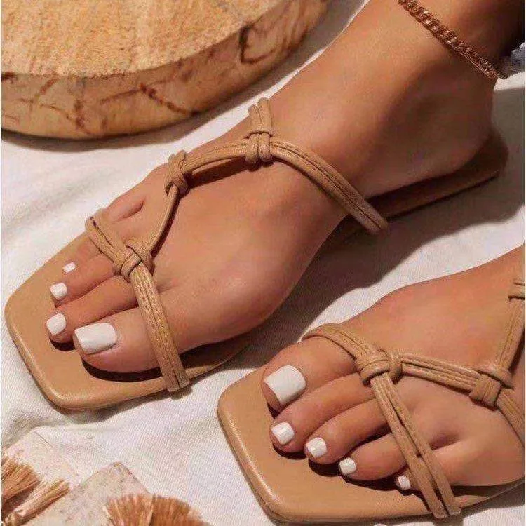 

2021 summer female flat shoes string slide ladies sandle shoes sandals shopping wear slipper strapy sandals, Black, orange, brown, biege