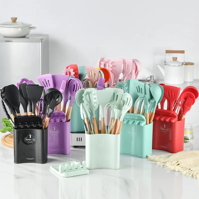 

RTS New arrival 13PCS kitchen cooking utensil set silicone wooden handle kitchenware tool set with bucket, Black/red/purple/green/pink