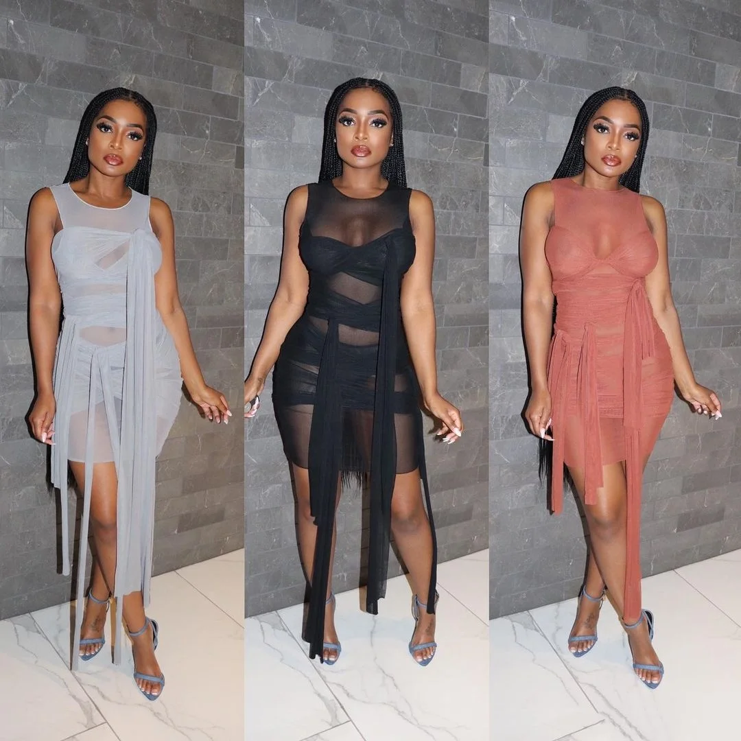 

2021 New Trendy Club Wear Women Sleeveless Bodycon Bandage High Strecthy Sexy Nightclub Mesh Dresses