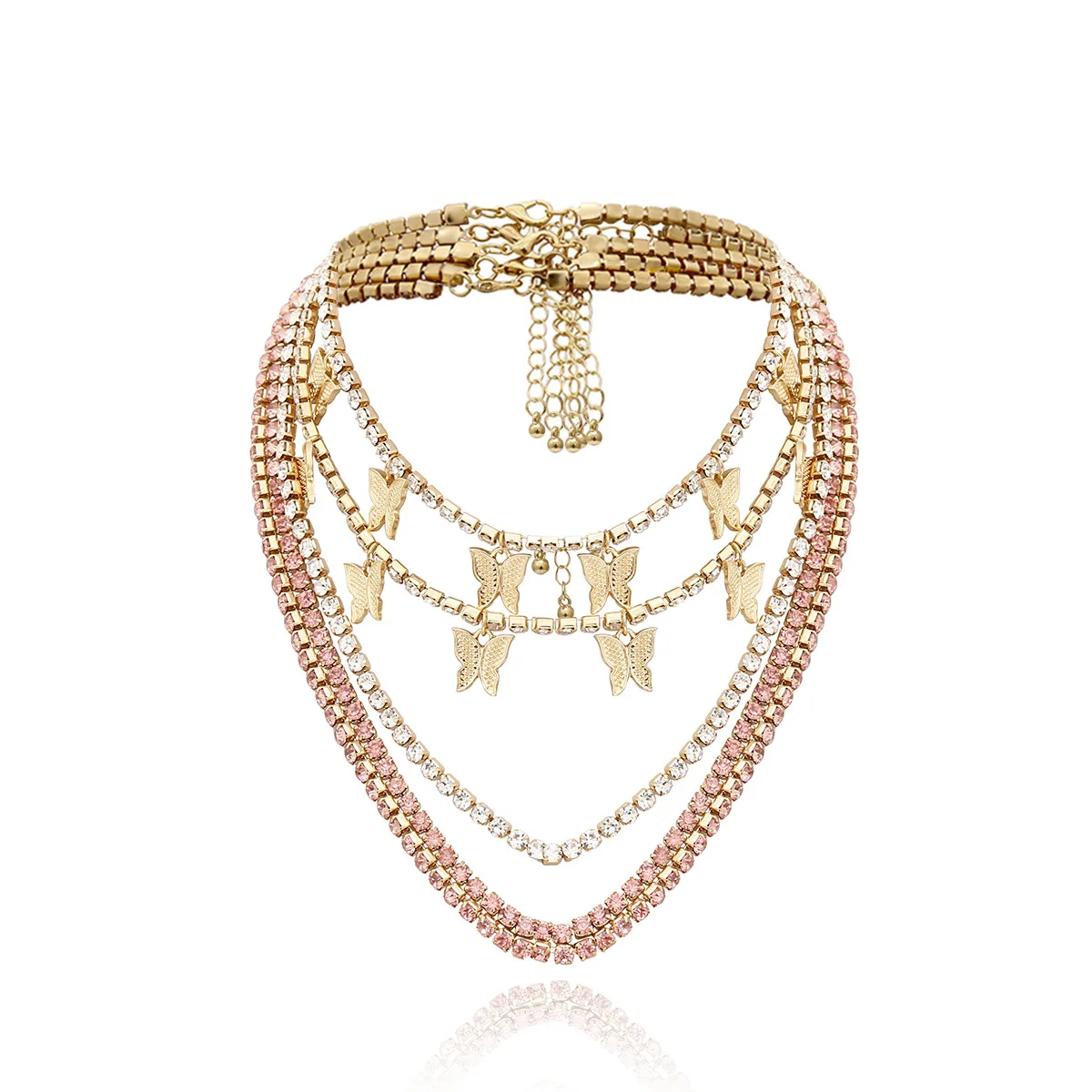 

European Design Gold Plated Butterfly Pendant Colored Multi-Layer Claw Chain Drill Necklace For Ladies