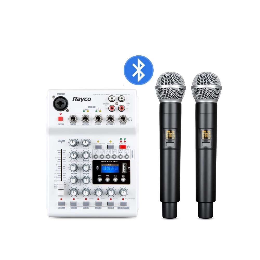 New DJ Console Mixer Soundcard with 2 channel UHF wireless microphone for Home Studio Recording DJ Network Live Karaoke
