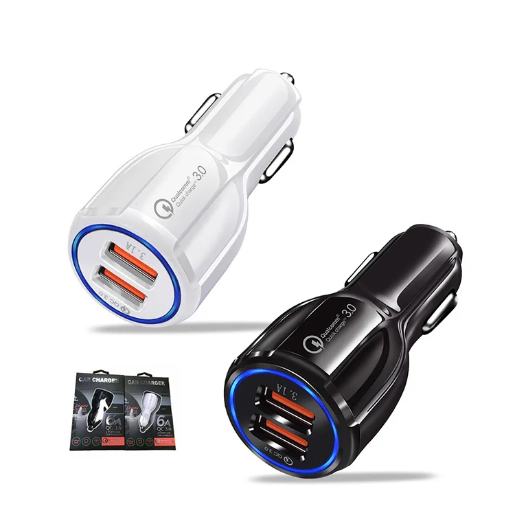 

QC 3.0 Fast Car Charger For HUAWEI MATE Galaxy Note 10 6A Quick Charge Dual Usb Charger For Iphone 13 12 Mobile Phones Charger, Black and white