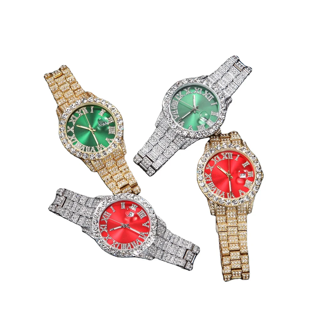 

Hip hop Roman digital diamond inlaid men's watch fashion tide brand green face large dial quartz watch, Picture shows