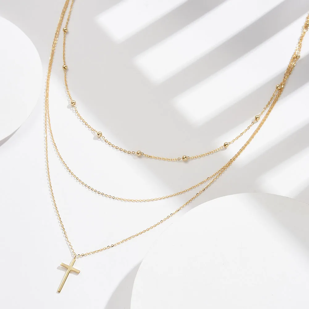 RINNTIN BQN07 Fashion European 925 Sterling Silver Double Layer Stacked Cross Zircon Pendant Gold Plated Necklaces for Women