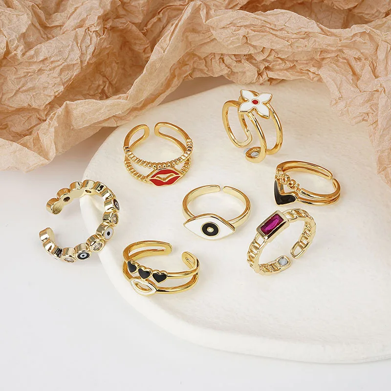 

Natural Craft Crystal druzy ring Summer Brass Napkin Ring 925 Eveil Eye Gold Enamel Adjustable Turkish Evil Eye Gold Rings, Picture shows
