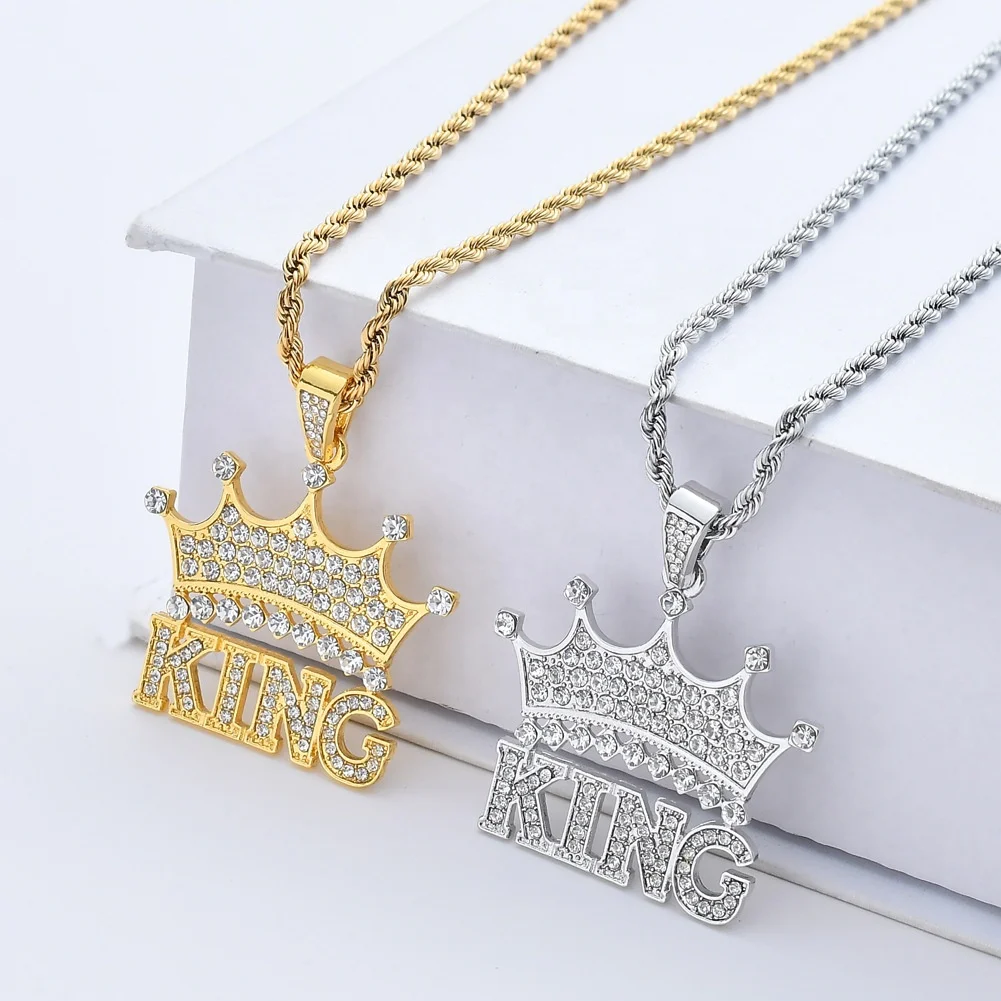 

Hiphops Jewelry Men's King Crown Pendant Stainless Steel Chain Pave Diamond Gold Crown Necklace For Men, Gold silver