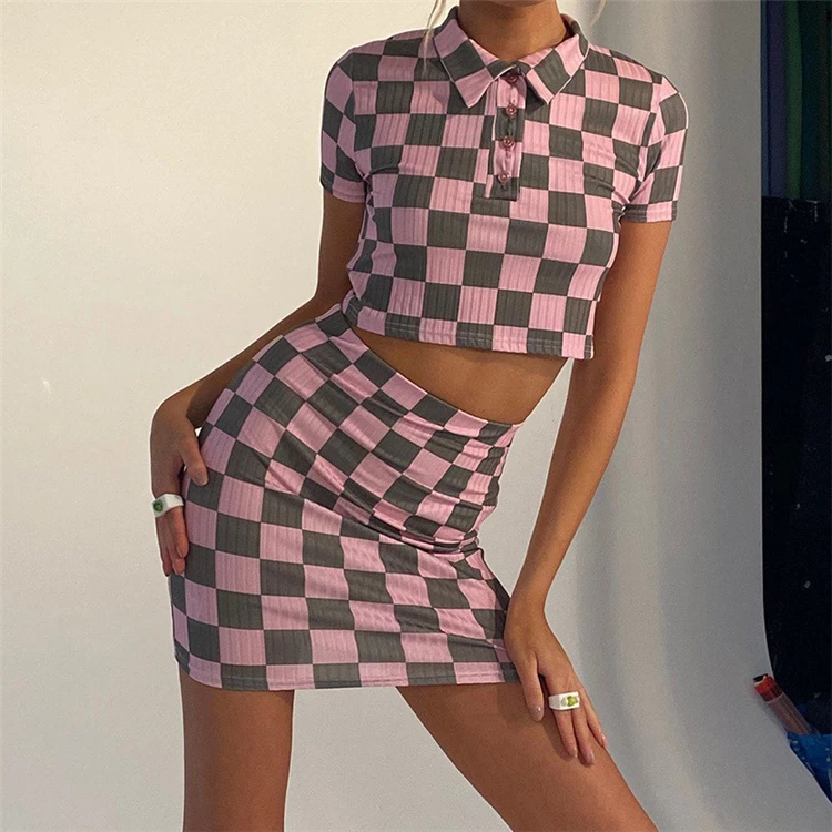 

2021 Famous Brand Clothing Women 2 Piece Set Women Skirt Suit Sexy Summer Plaid Two Piece Outfits, As pictures or customized color