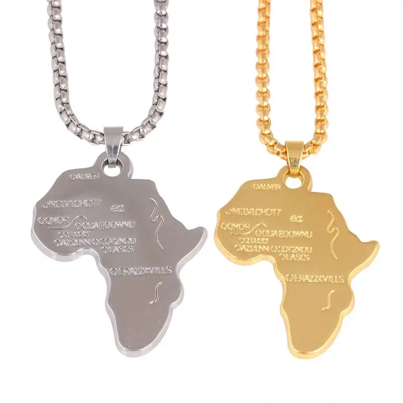 

Gold Color Stainless Steel Jewlery Hip-hop Style Africa Map Pendant Necklaces For Women Men