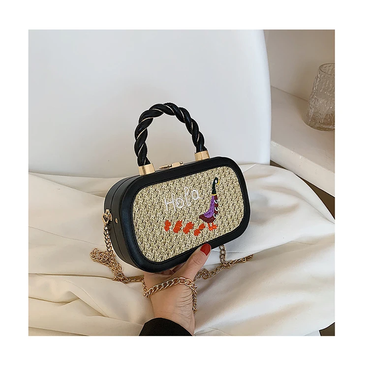 

Trendy Straw Embroidery Thread Handbags For Women Summer New Chain Crossbody Bags Ladies Woven Small Square Clutch Hand Bags