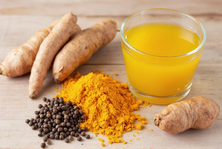 Natural kitchen scene showing turmeric root, black peppercorns, and freshly ground pepper next to golden turmeric tea