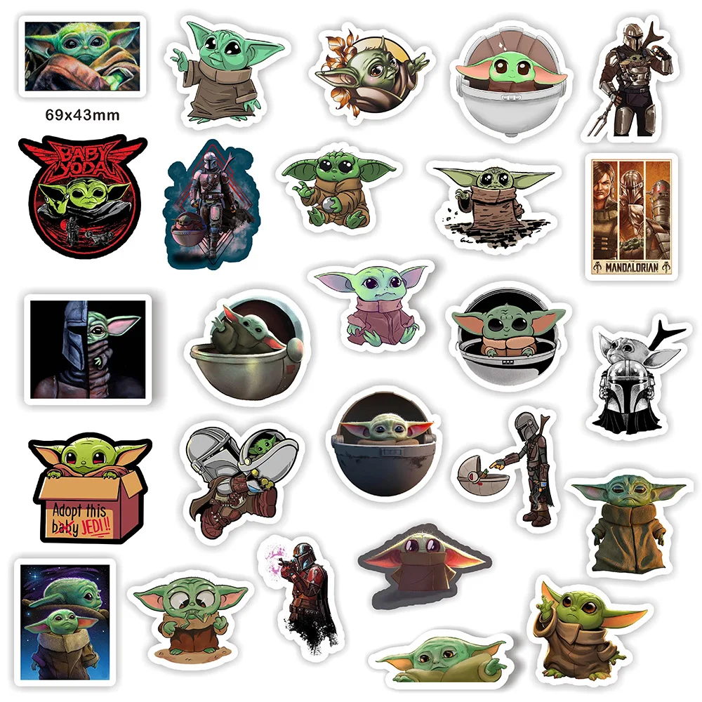 

Free shipping 50pc/lot Star Baby Yoda Vinyl Waterproof Stickers Wars Mandalorian Vinyl Removable Sticker for Laptop Car Luggage, Same like picture