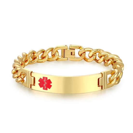 

2022 Medicine Symbol Curved Pendant Stainless Steel Cuban Link Gold Plated Bracelet