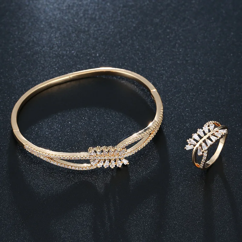 

Amazon Top Seller 2020 Leaf shape Gold Plated Bangle Ring Set Women Gift Crystal Banlgle Bracelet, Gold/silver plated