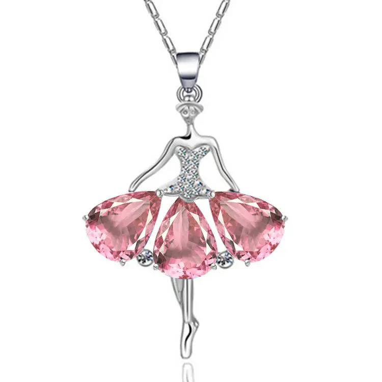 

SC New Design Silver Elf Charm Necklace Jewelry Creative Wearing Crystal Ballet Dress Dancing Girls Pendant Necklace for Women, Green, blue, yellow, pink