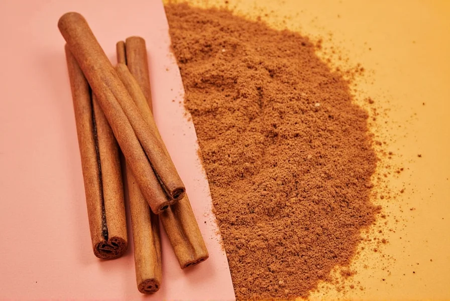 Side-by-side of ground cinnamon and whole sticks