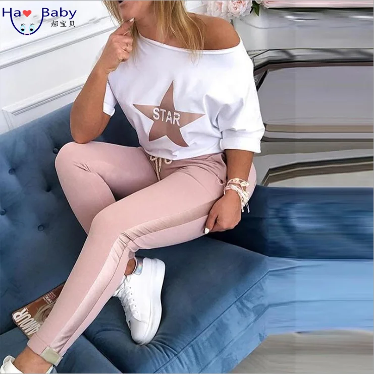 

2020 Summer New 2 Piece Women Set Ladies Star Letter Printed Casual Suit, As picture