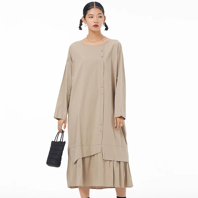 

Wholesale 2022 Spring New Plus Size Women's Elegant Casual Dresses Girl's Pure Color Round Neck Dresses 388