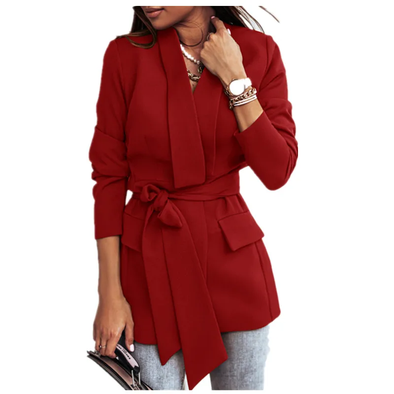 

2020 Fall Women Solid Color Long Sleeve Lapel Lace Up Suit Fashion Slim Office-Wear Blazer Jacket With Belt