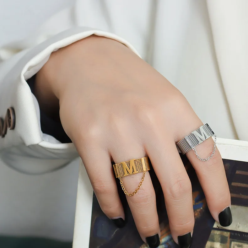 

Shangjie OEM anillos Women Industrial Style Unique Rings Stainless Steel 18k Gold Plated Rings M Fashion Rings, Gold, titanium