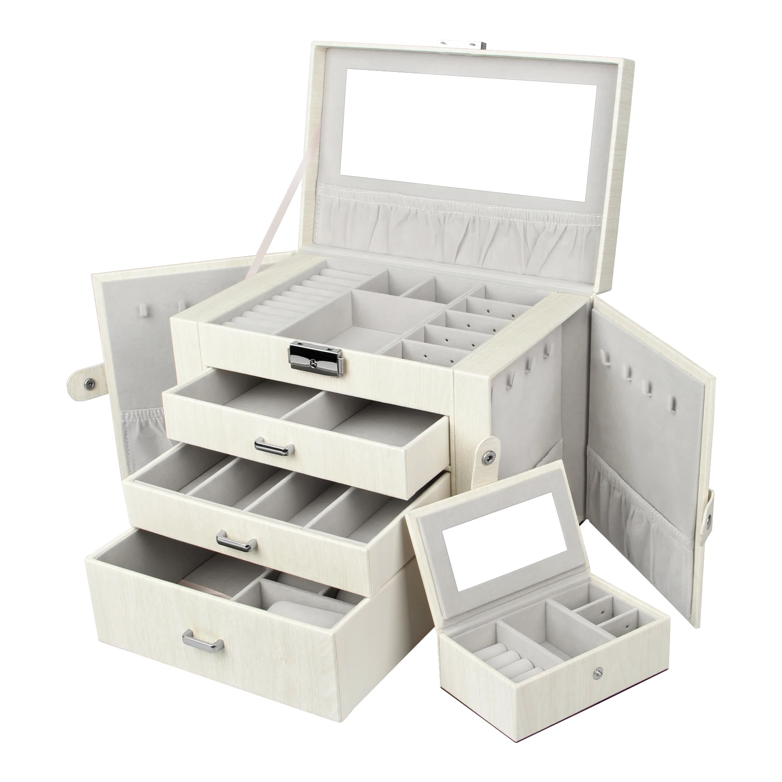 

Necklaces Wristwatches Rings Bracelets box packaging jewelry portable jewel case with mirror lockable, White