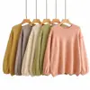 Fashion Ladies Solid Color Sweater Lantern Sleeve Brushed Side Loose Collar Knit Pullover Sweater