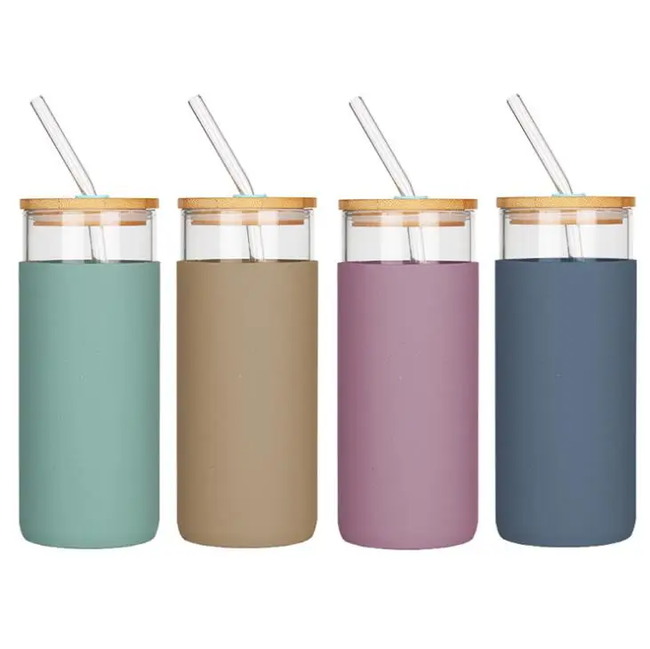 

Custom logo silicone sleeve cup glass water bottle with bamboo lid and straw, Clear