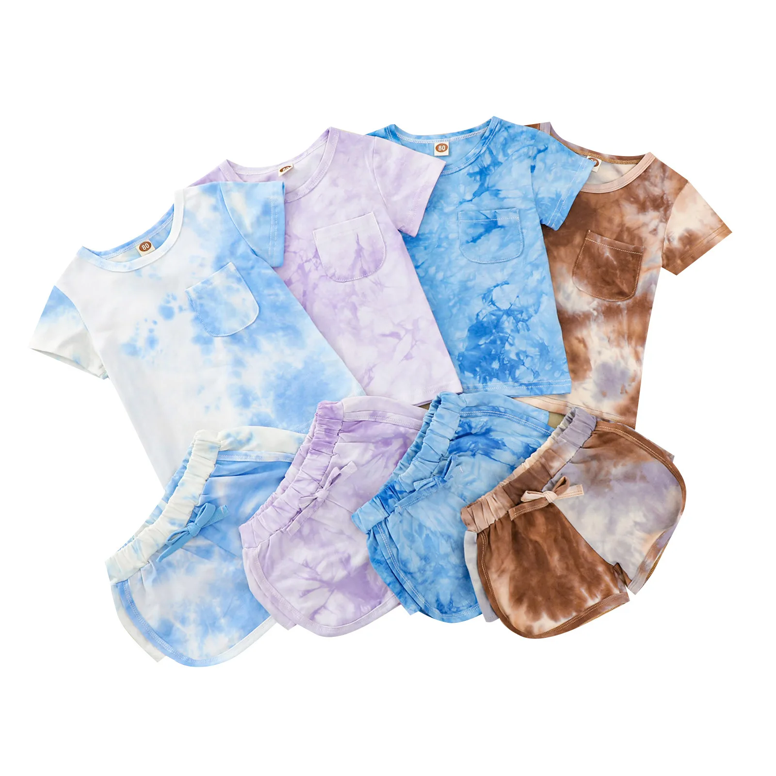 

2021 tie dye short sets summer pullover t- shirts tops cotton outdoor infant tollder fashion kids boys girls clothing sets, Picture color