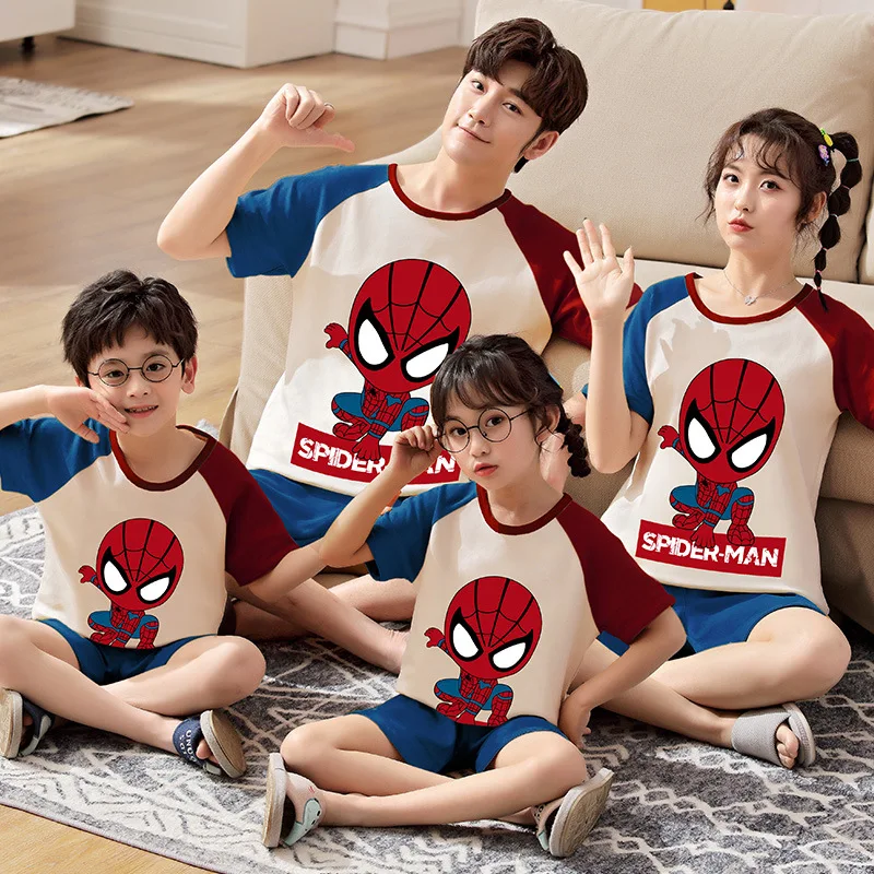 

two pc Summer parent-child pajamas cotton family mommy and me silk sleepwear cartoon and silid print, Customized colors