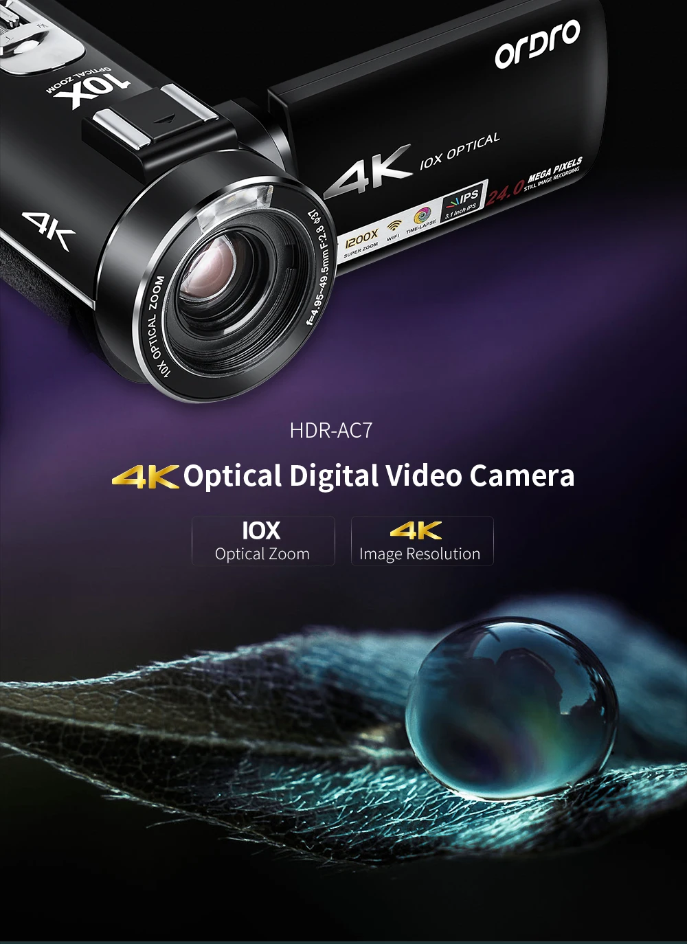
AC7 10X Optical Zoom Conference Vlog Hunting Wedding 4K UHD Professional Video Camera 