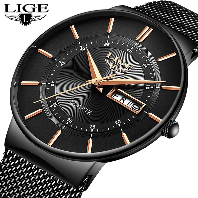 

Lige 9949 Steel Mesh Quartz Watches Men Reloj Date Analog Water Proof Stylish Brand Wristwatch Male