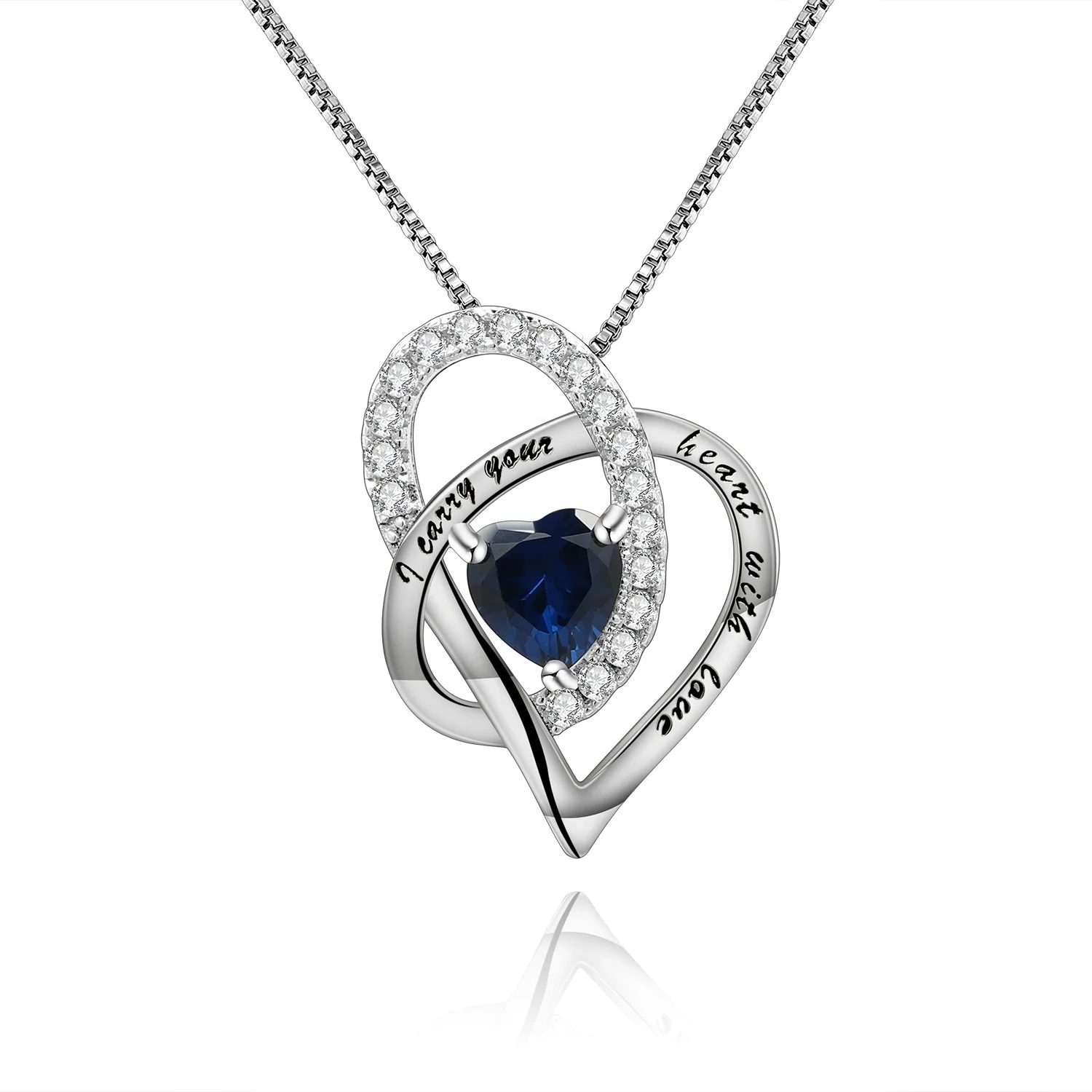 

Abiding Created Sapphire Birthstone Engraved Heart Shape Symbolic Celestial Fashion 925 Sterling Silver Pendant Necklace Women