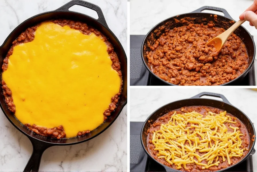Step-by-step process of making chili cheese dip in a cast iron skillet with melted cheese and chili mixture