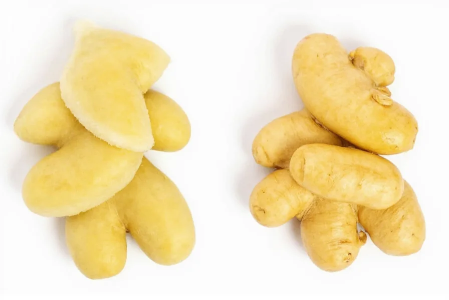 Comparison of peeled versus unpeeled ginger showing texture differences