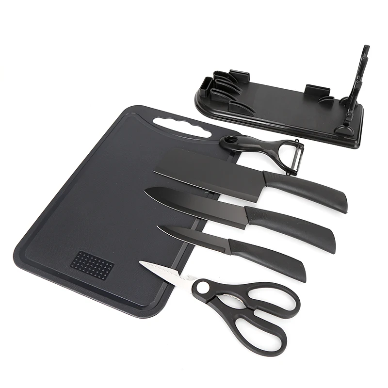 

ABS plastic handle black kitchen knives scissor 7pcs stainless steel chef knife set with block