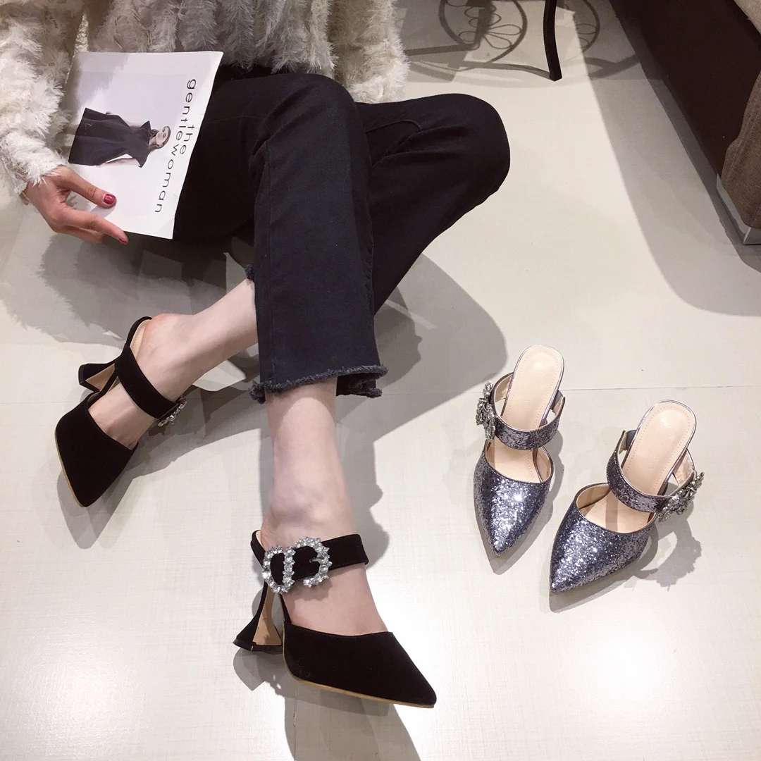 

iHeeled GY 866-3 Temperament Women Shoes Pointed Rhinestone Buckle Wine Cup Heel Sandals Pumps Slingback Ladies Heel Shoes, Black silver