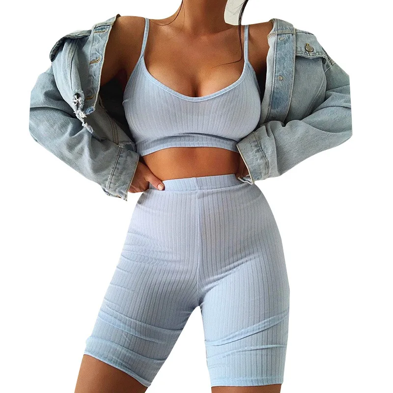 

2021 Leggings Sport 2 Piece Outfits Women Sweatpants Sexy Halter Gym Ribbed Tank Top Woman Short Set, Blue/black/khaki/white/pink