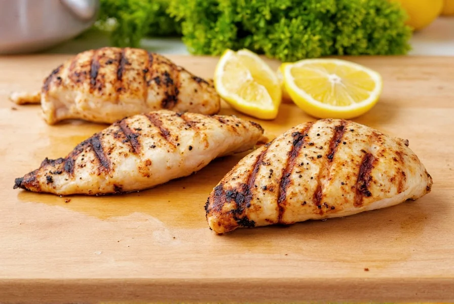 Grilled lemon pepper chicken breasts with char marks resting on cutting board with lemon slices