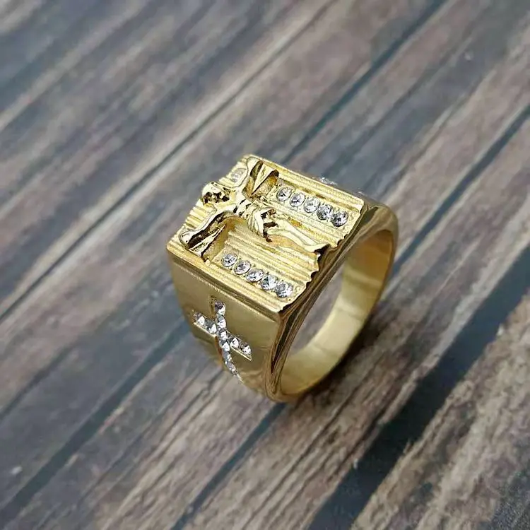 

New design gold finger gold plated vintage religious men's pave crystal stainless steel jesus cross ring