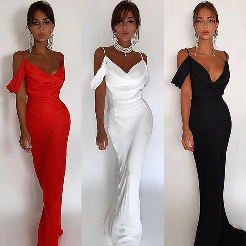 

Amazon party sexy spaghetti floor length dress long elegant gown evening dress, White red black