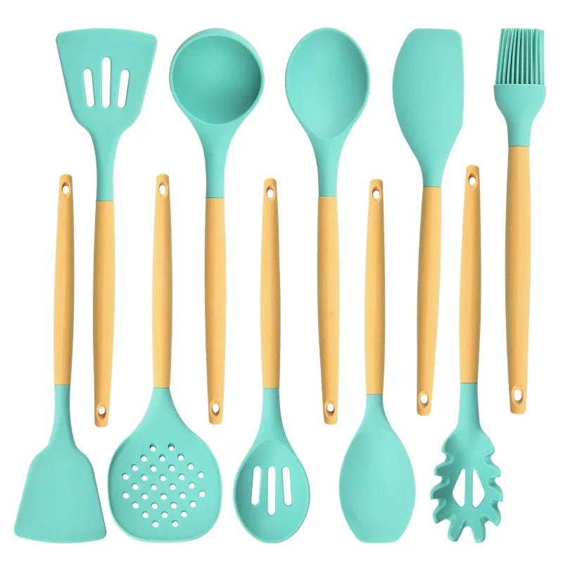 

Kitchen Cooking Utensil Gadgets 10 Piece Suit Silicone Kitchen utensils set With Spoon Spatula Wood Handle